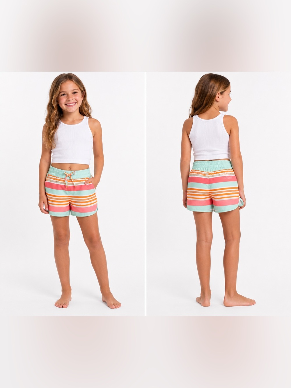Columbia Girls Size S 7/8 Omni-Shade Striped Swim Board Shorts Mint Pink
